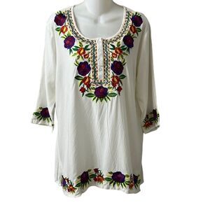 Boho White Rayon Colorful Floral Embroidered Popover Tunic Size Large